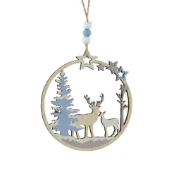 KAEMINGK Suspension de Noël en bois (D11 cm) Renne et biche en forêt Bleu Hot