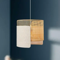 OSTARIA Suspension lumineuse lin et bambou (D28,5 cm) Bourgeon Beige