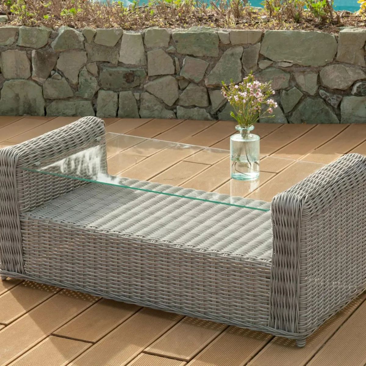 MOBELLIA Table basse de jardin rectangulaire résine tressée Calvi Gris New
