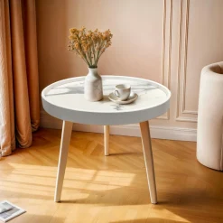 EMINZA Table basse ronde effet marbre (H43 cm) Déa Blanc Sale