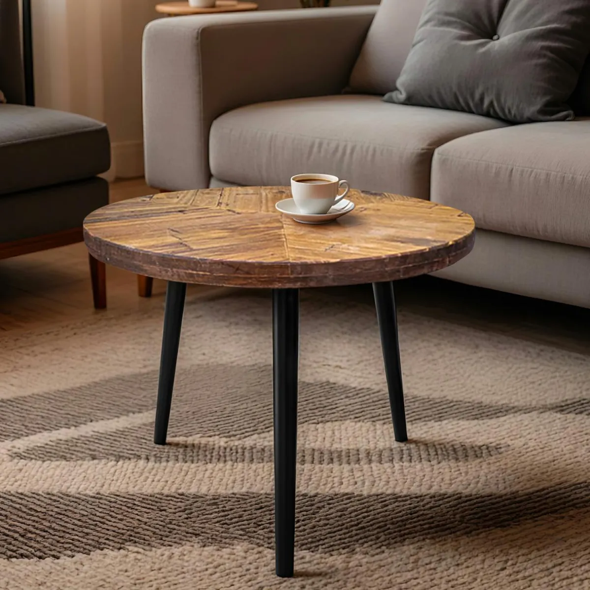 EMINZA Table basse ronde en (H40 cm) Davao Noir et marron Bois Outlet