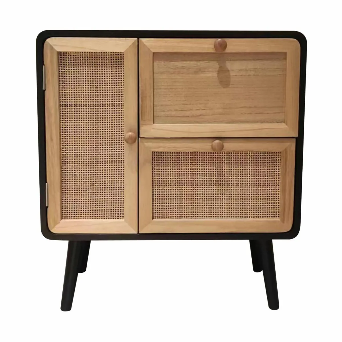 EMINZA Table de chevet bois et cannage (50 x H55 cm) Osaka et bois Noir New