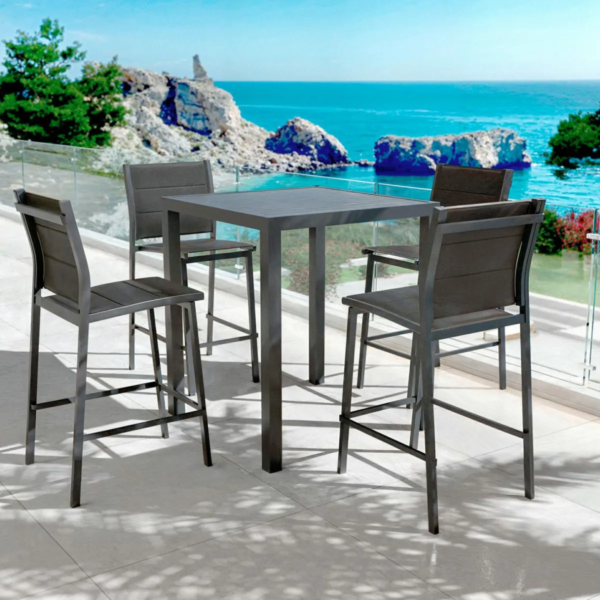 MOBELLIA Table de jardin carrée haute aluminium 4 places (90 x H105 cm) Murano Gris Anthracite Hot