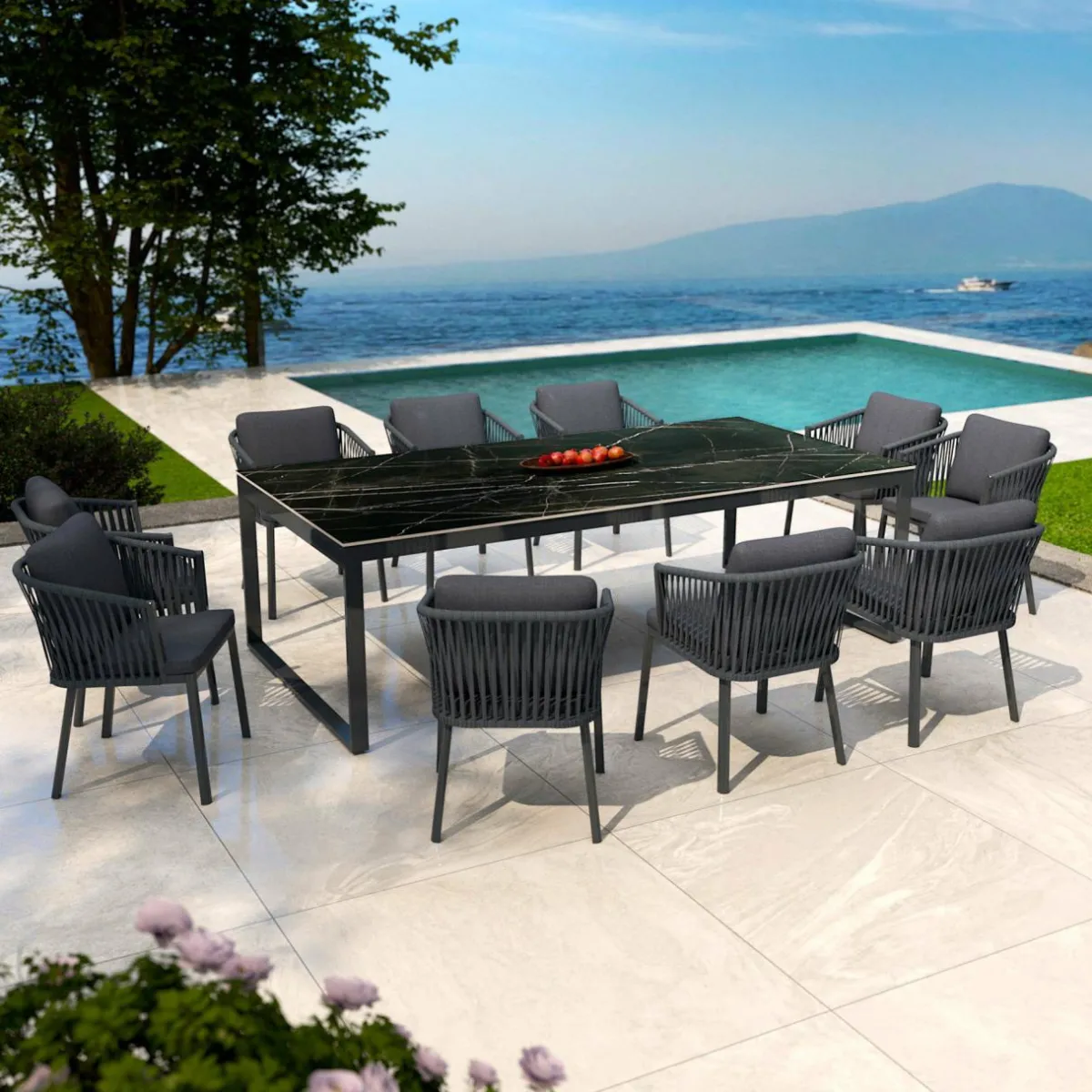 MOBELLIA Table de jardin en aluminium et céramique 10 places (240 x 120 cm) Kore Noir marbré New