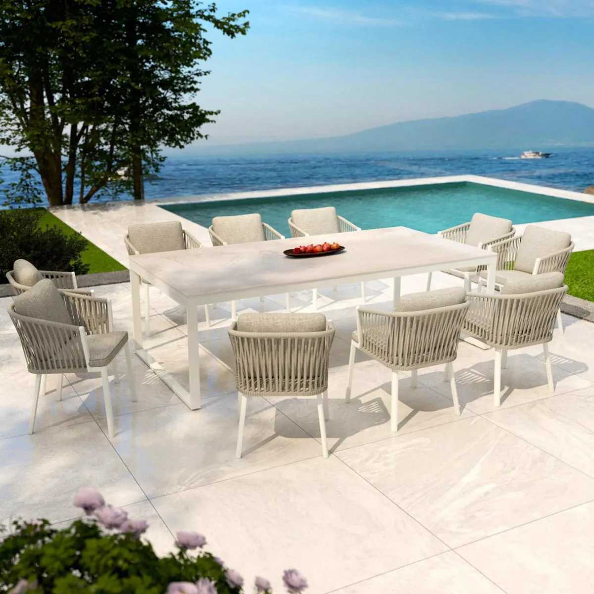 MOBELLIA Table de jardin en aluminium et céramique 10 places (240 x 120 cm) Kore Blanc et Beige Discount