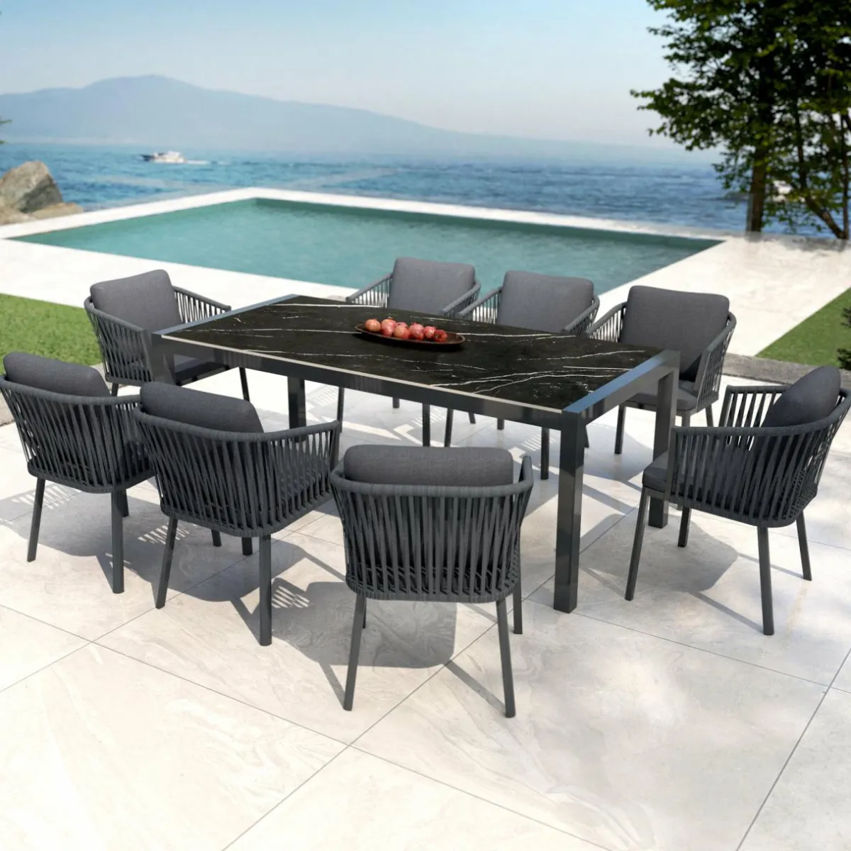 MOBELLIA Table de jardin en aluminium et céramique 8 places (180 x 90 cm) Modena Noir marbré Clearance