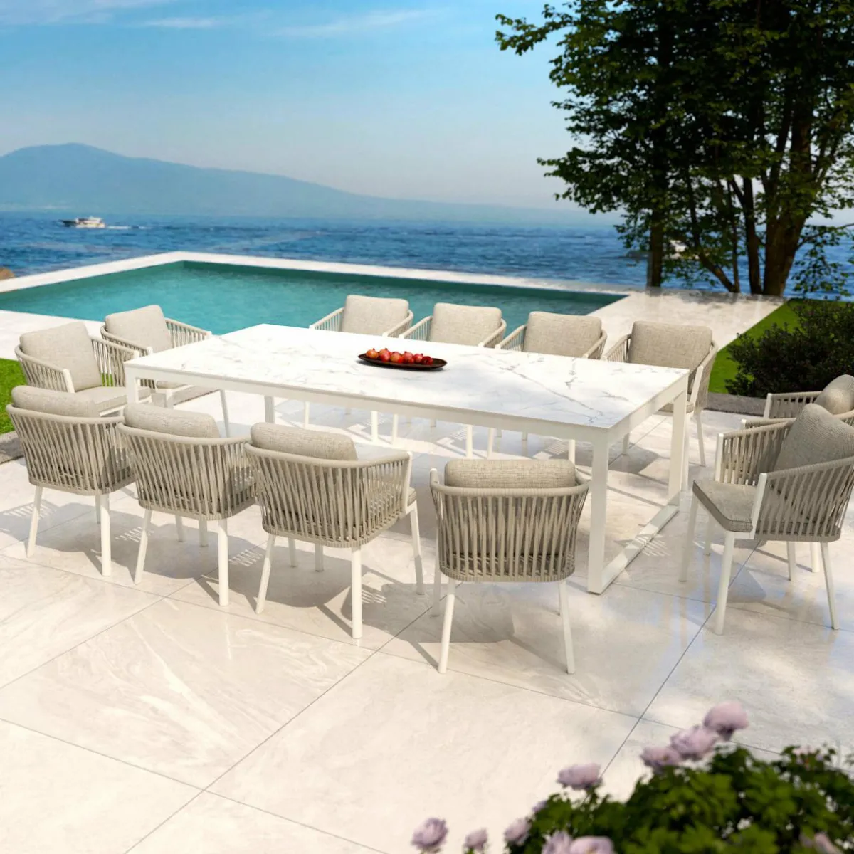 MOBELLIA Table de jardin en aluminium et céramique 12 places (260 x 120 cm) Kore Blanc marbré Outlet