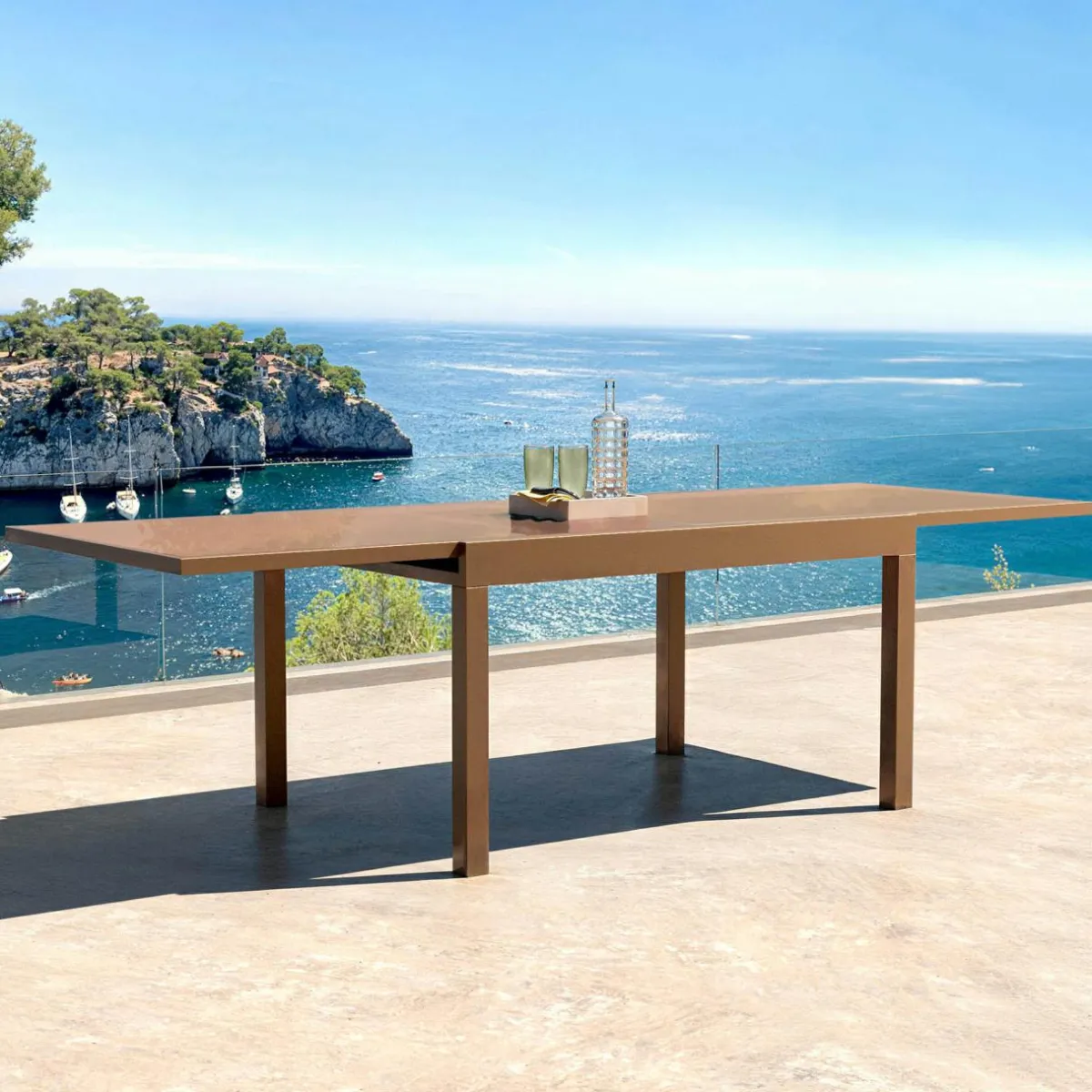 MOBELLIA Table de jardin extensible en verre 12 places (200/320 x 100 cm) Murano Bronze Discount