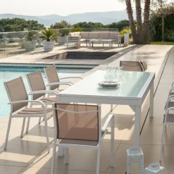 MOBELLIA Table de jardin extensible en verre 12 places (200/320 x 100 cm) Murano Blanc Discount