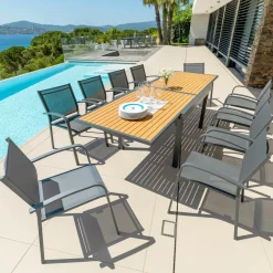 MOBELLIA Table de jardin extensible en aluminium 10 places effet bois (135/270 x 90 cm) Murano Gris Anthracite New
