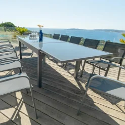 MOBELLIA Table de jardin extensible en verre 12 places (200/320 x 100 cm) Murano Gris Anthracite