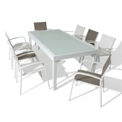 MOBELLIA Table de jardin extensible en verre 10 places (135/270 x 90 cm) Murano Blanc Discount