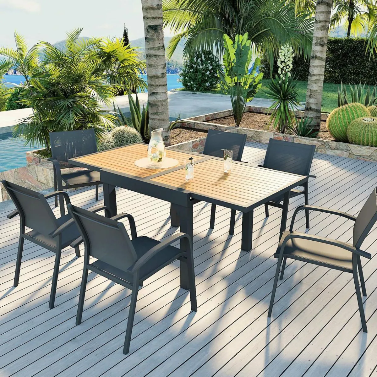MOBELLIA Table de jardin extensible en aluminium 8 places effet bois (90/180 x 90 cm) Murano Gris Anthracite Best
