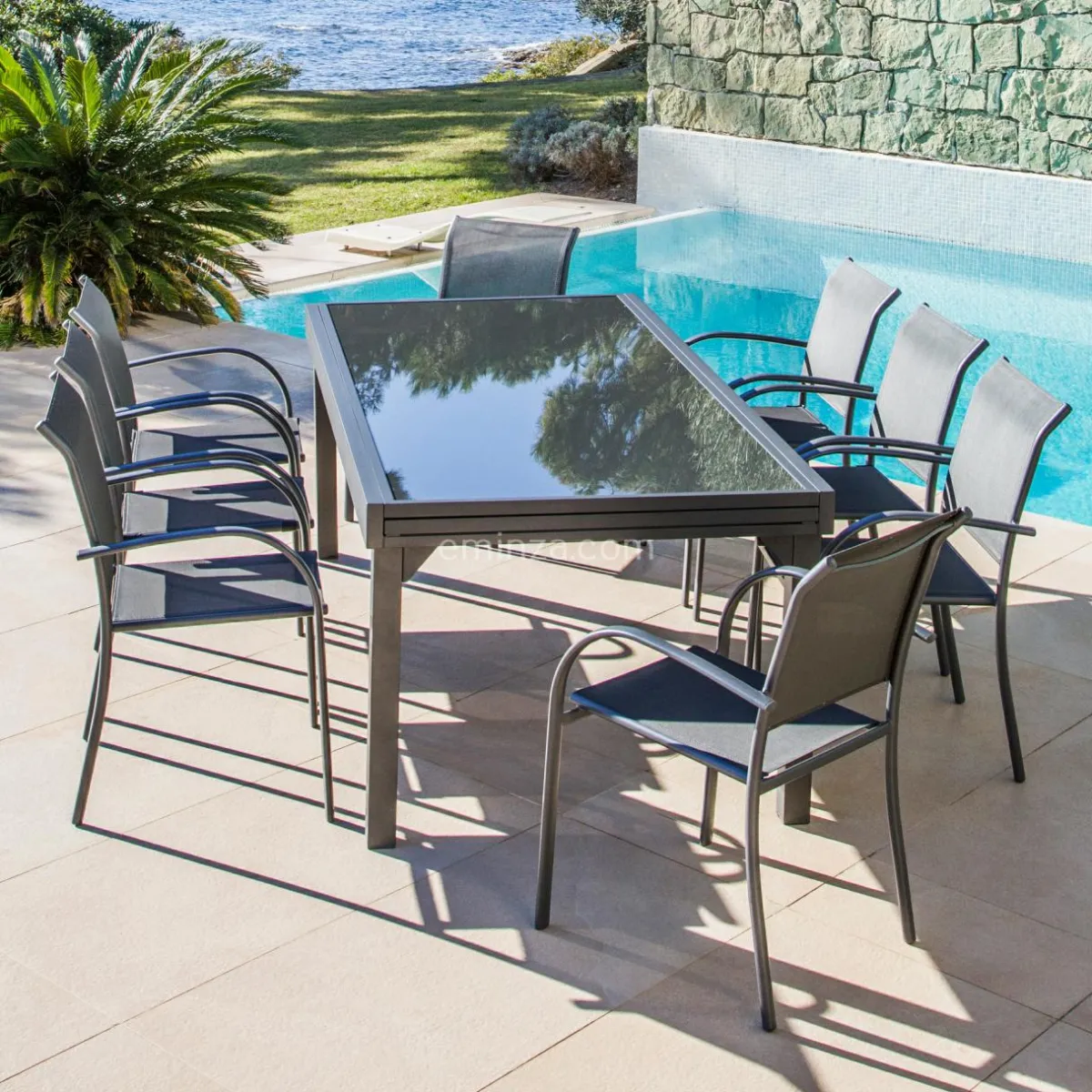 MOBELLIA Table de jardin extensible en verre 10 places (135/270 x 90 cm) Murano Gris Anthracite New
