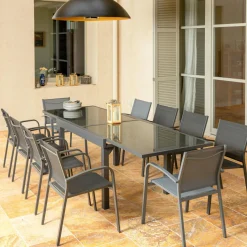 MOBELLIA Table de jardin extensible en verre 10 places (135/270 x 90 cm) Murano Gris Anthracite New