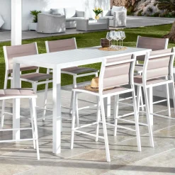 MOBELLIA Table de jardin haute en aluminium 6 places (160 x H105 cm) Murano Blanc Hot
