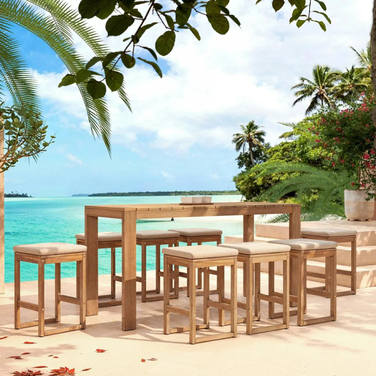 MOBELLIA Table de jardin haute en bois d'acacia 8 places (203 x H105 cm) Bornéo Naturel Online