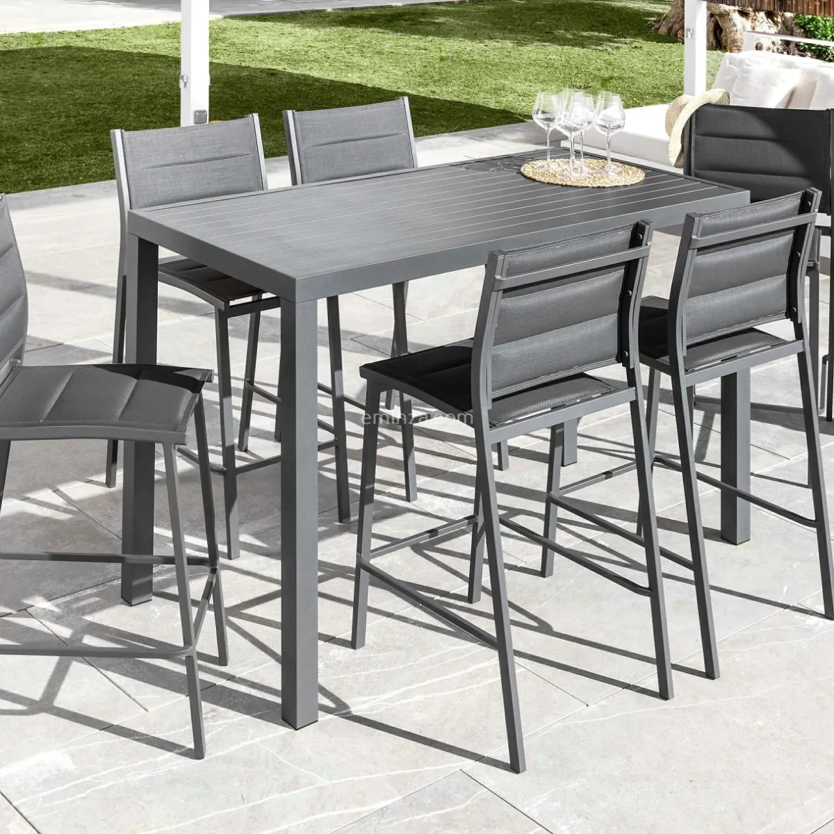 MOBELLIA Table de jardin haute en aluminium 6 places (160 x H105 cm) Murano Gris Anthracite Sale
