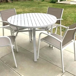 MOBELLIA Table de jardin ronde en aluminium 5 places (D105 cm) Murano Blanc