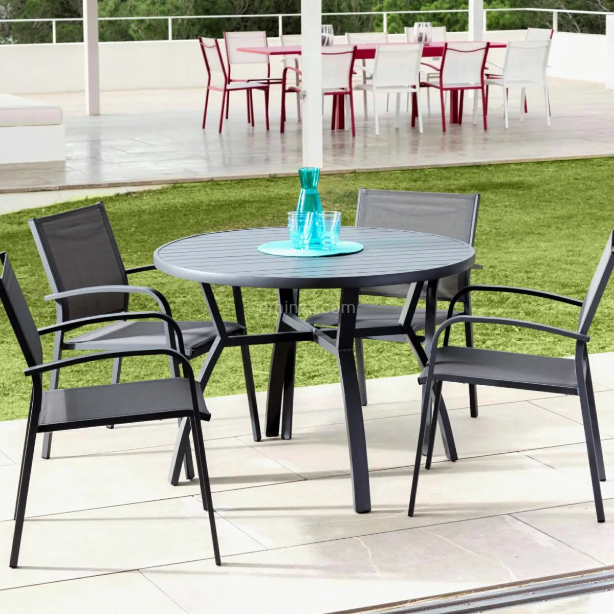 MOBELLIA Table de jardin ronde en aluminium 5 places (D105 cm) Murano Gris Anthracite Clearance