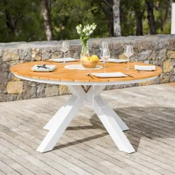 MOBELLIA Table de jardin ronde en aluminium et bois teck 8 places (D140 cm) Bali Blanc