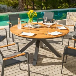 MOBELLIA Table de jardin ronde en aluminium et bois teck 8 places (D140 cm) Bali Gris Anthracite Outlet