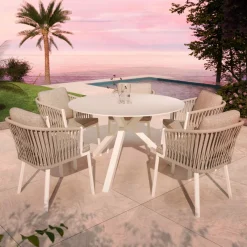 MOBELLIA Table de jardin ronde en aluminium et céramique 6 places (D120 cm) Kore Blanc Discount