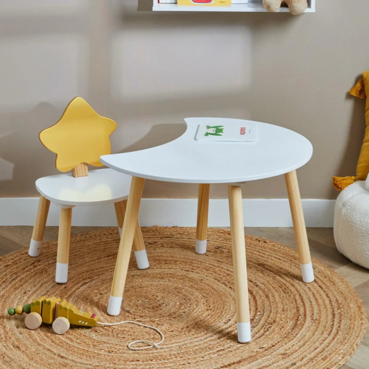 EMINZA Table et 1 chaise enfant bois (H44 cm) Stars Blanc New