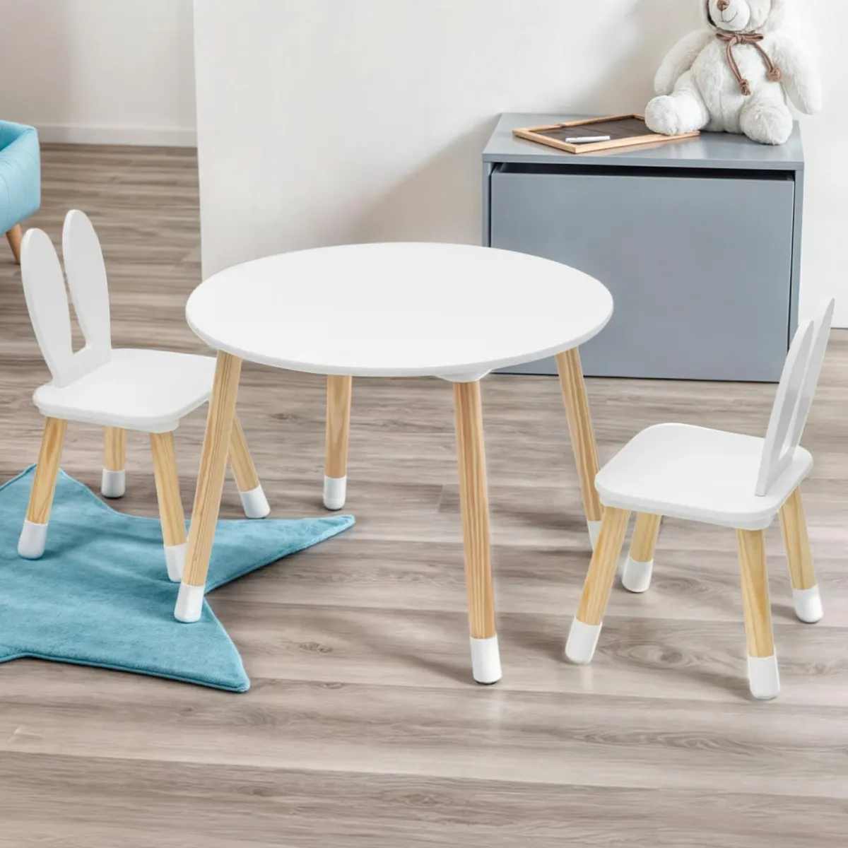 EMINZA Table et 2 chaises enfant bois lapin (H44 cm) Lila Blanc Clearance