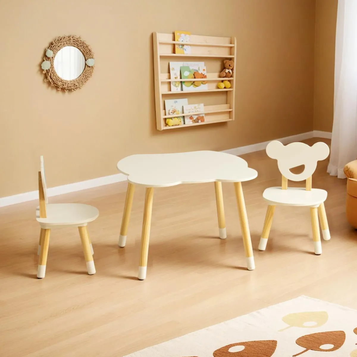 EMINZA Table et 2 chaises enfant bois (H44 cm) Oursons Blanc Hot