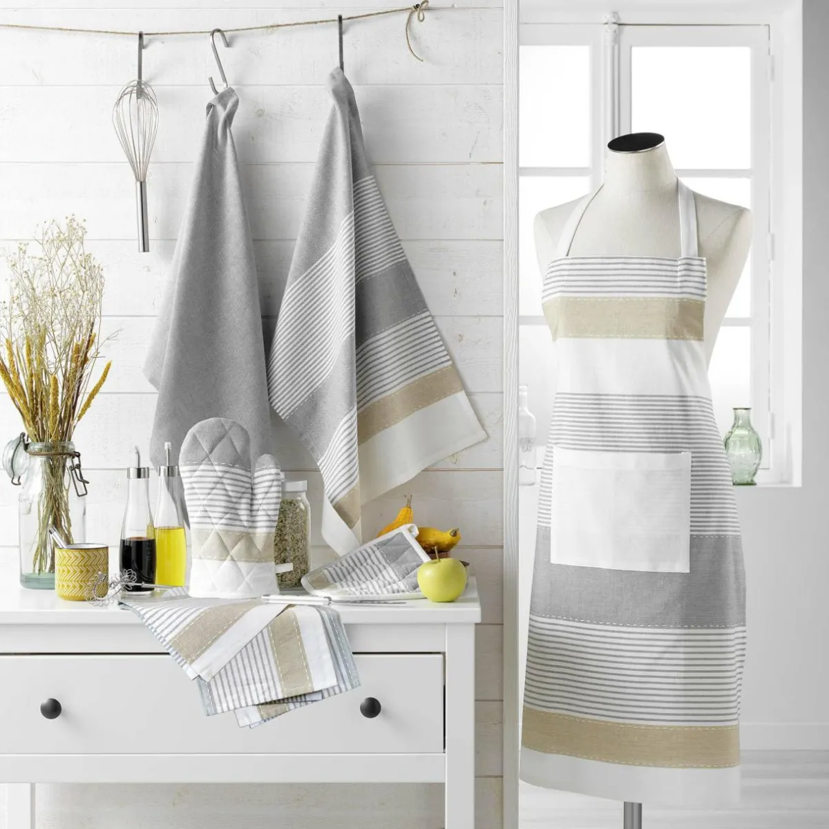 douceur d'intu017drieur Tablier avec poche coton tissé (60 x 84 cm) Iliade Blanc Gris Discount