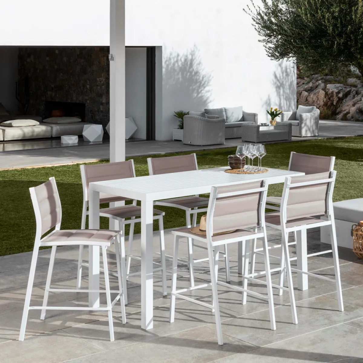 MOBELLIA Tabouret de jardin aluminium empilable Murano et taupe Blanc New