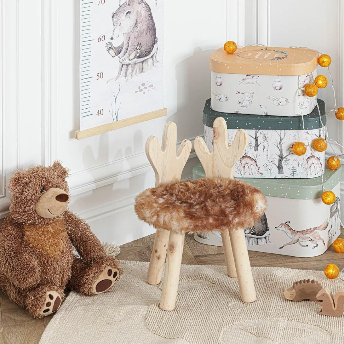 Atmosphera cru017dateur d'intu017drieur for kids Tabouret enfant bois et fausse fourrure (H38 cm) Cerf Marron Hot