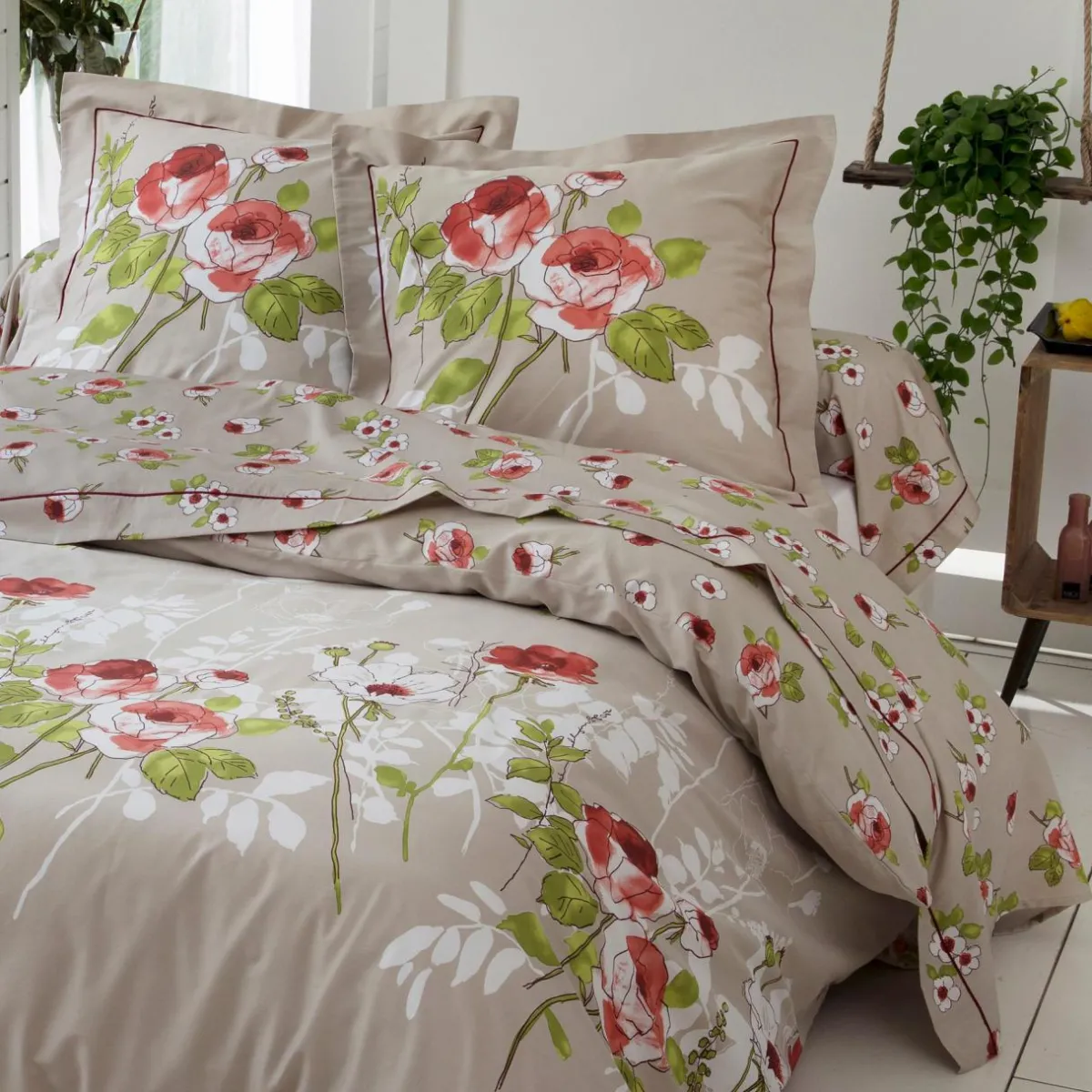 TRADILINGE Taie de traversin satin de coton (L200 cm) Roseraie ficelle Marron Sale