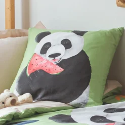 TRADILINGE Taie d'oreiller carrée enfant percale de coton ( 65 x 65 cm) Panda e Vert