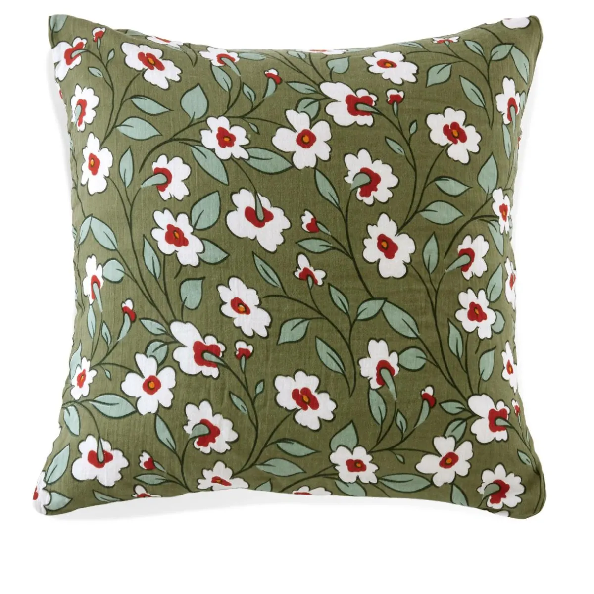 EMINZA Taie d'oreiller carrée gaze de coton (60 x 60 cm) Gaïa Marguerite Vert Romarin Best