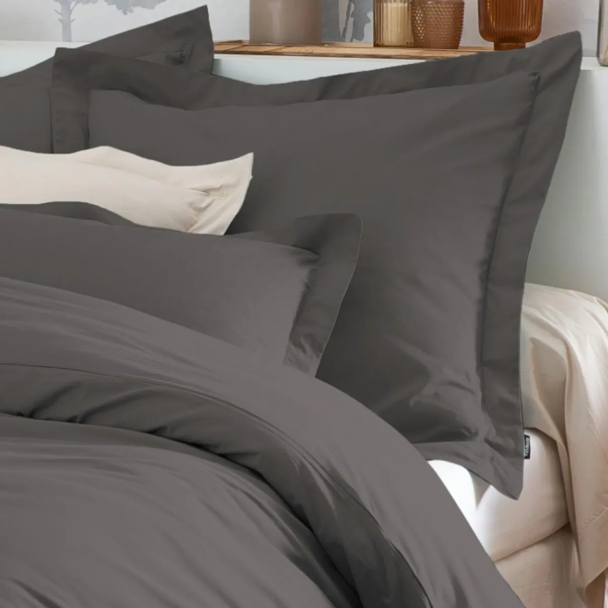 EMINZA Taie d'oreiller rectangulaire percale de coton (50 x 70 cm) Cali Gris Anthracite