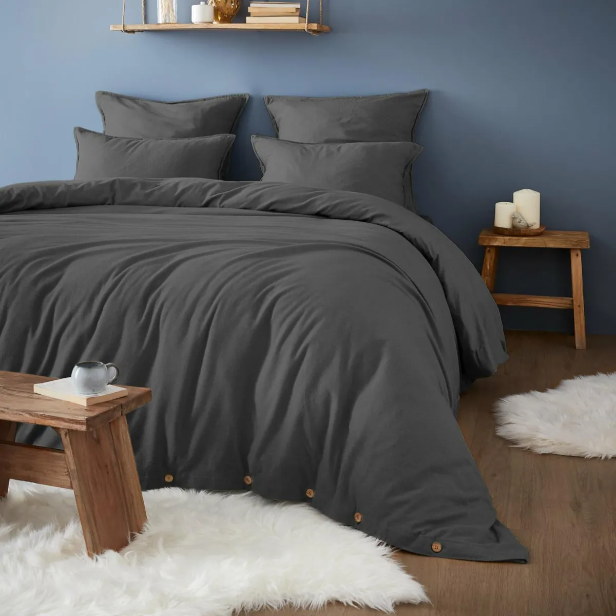 EMINZA Taie d'oreiller rectangulaire flanelle de coton (50 x 70 cm) Théa Gris Anthracite Outlet