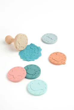 OSTARIA Tampon pour pâte à modeler bois et 6 disques silicone (H7,5 cm) Beige