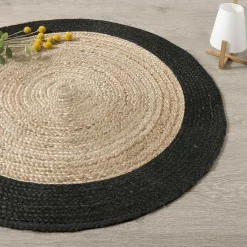 ATMOSPHERA Tapis de salon jute rond (120 cm) Bord Noir Hot