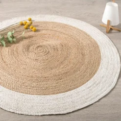 ATMOSPHERA Tapis de salon jute rond (D120 cm) Bord Blanc Discount