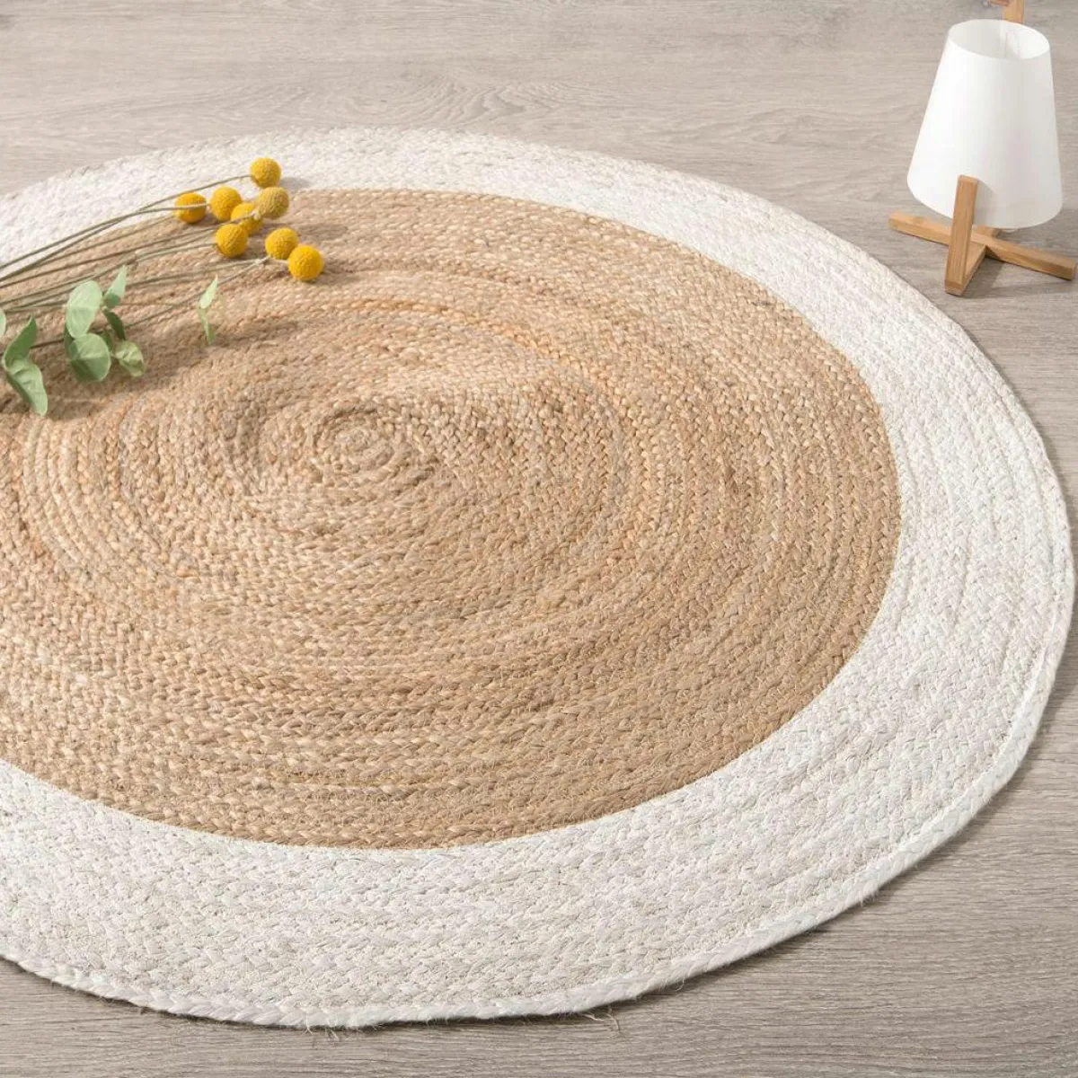 ATMOSPHERA Tapis de salon jute rond (D120 cm) Bord Blanc Discount