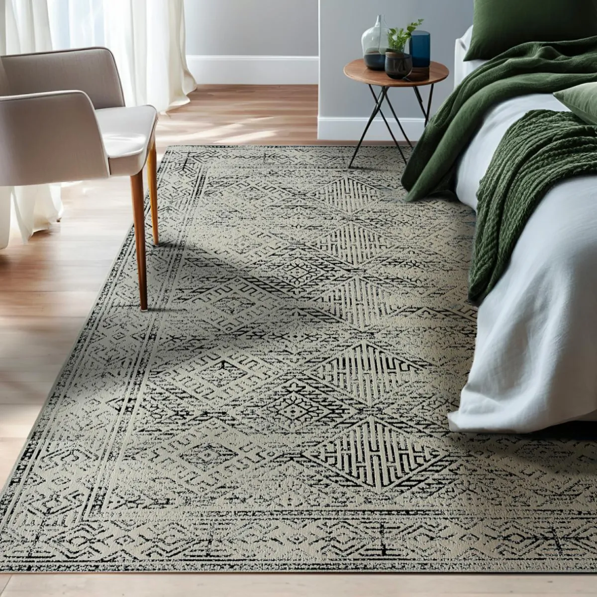 EMINZA Tapis de salon rectangulaire jacquard (140 x 200 cm) Zahra Noir New