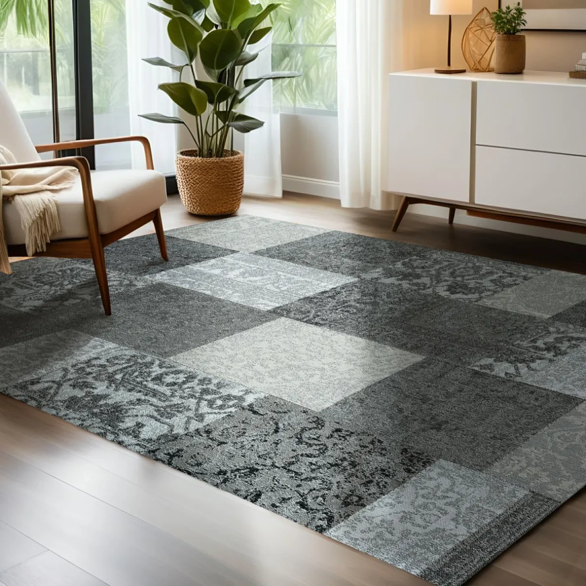 EMINZA Tapis de salon rectangulaire jacquard (140 x 200 cm) Rishi et gris Noir Online