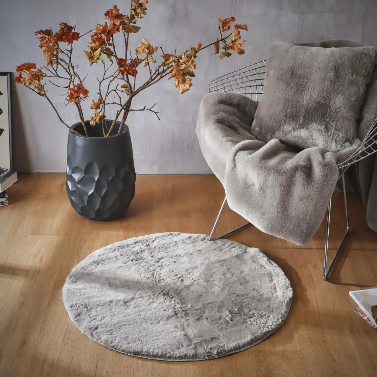 EMINZA Tapis rond fausse fourrure (80 cm) Finn Taupe Discount