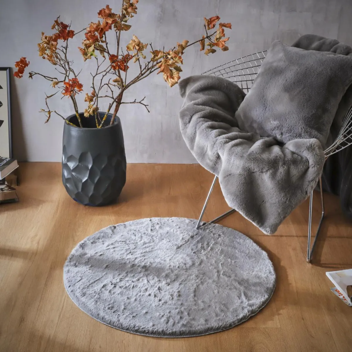 EMINZA Tapis rond fausse fourrure (80 cm) Finn Gris Anthracite New