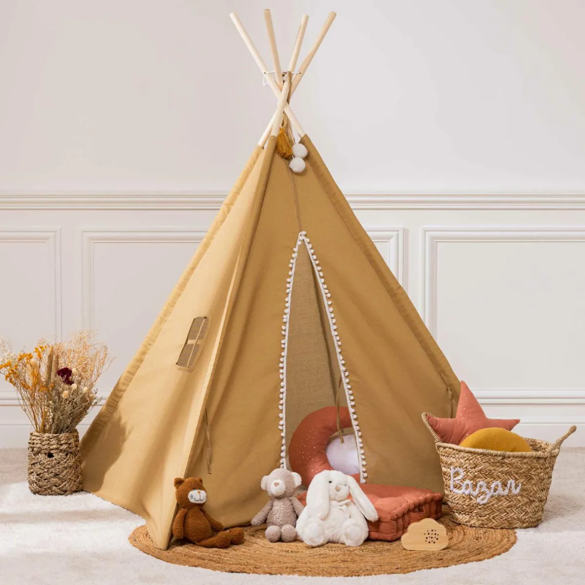 Atmosphera cru017dateur d'intu017drieur for kids Tipi enfant bois et tissu (H160 cm) Wapi Jaune ocre Sale
