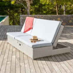 MOBELLIA Transat double en résine tressée - Canapé de jardin Calvi et gris clair Blanc Outlet
