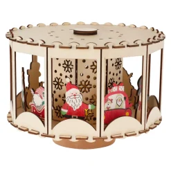 KOOPMAN Village de Noël en bois animé et lumineux à piles (20 x H14 cm) Carrousel enchanté Naturel Hot