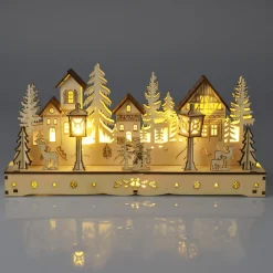 KOOPMAN Village de Noël en bois lumineux à piles (29 x H14 cm) Square enchanté Naturel Online